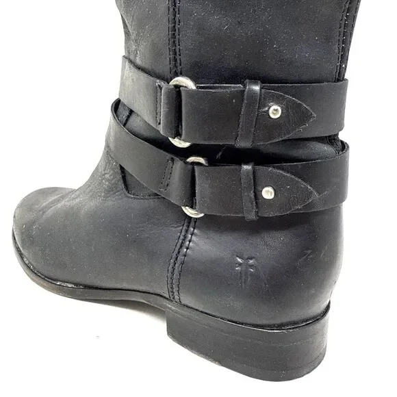Frye Christie Tall Riding Boots Womens Sz 7.5 Black Leather 2 Buckles Equestrian - Picture 11 of 16